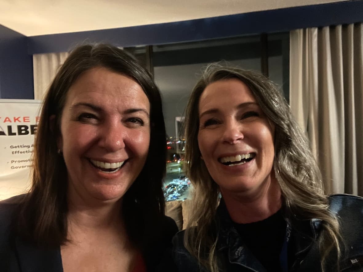 Nadine Wellwood, pictured with Alberta Premier Danielle Smith, posted during the UCP annual general meeting in October. (Nadine Wellwood/Twitter - image credit)