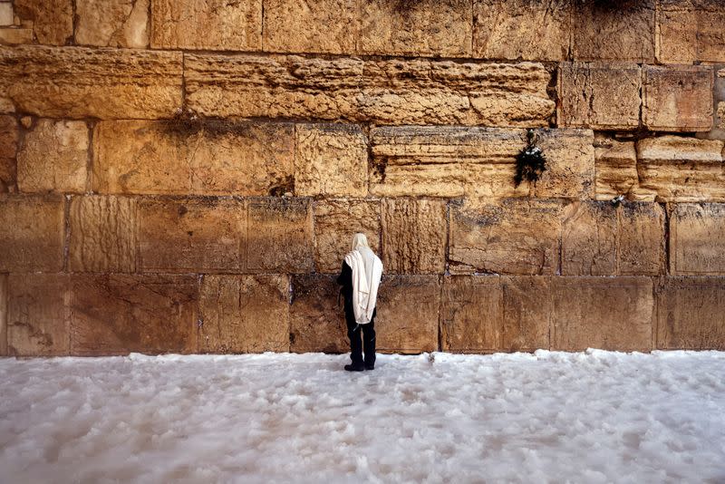 Snow at Jerusalem's Western Wall, Judaism's holiest prayer site