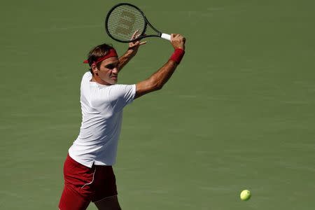 Sep 1, 2018; New York, NY, USA; Roger Federer of Switzerland hits a backhand against Nick Kyrgios of Australia (not pictured) in the third round on day six of the US Open at USTA Billie Jean King National Tennis Center. Mandatory Credit: Geoff Burke-USA TODAY Sports