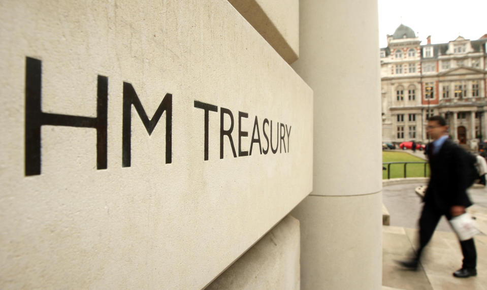 General view of the entrance to the HM Treasury building, in Westminster, central London.