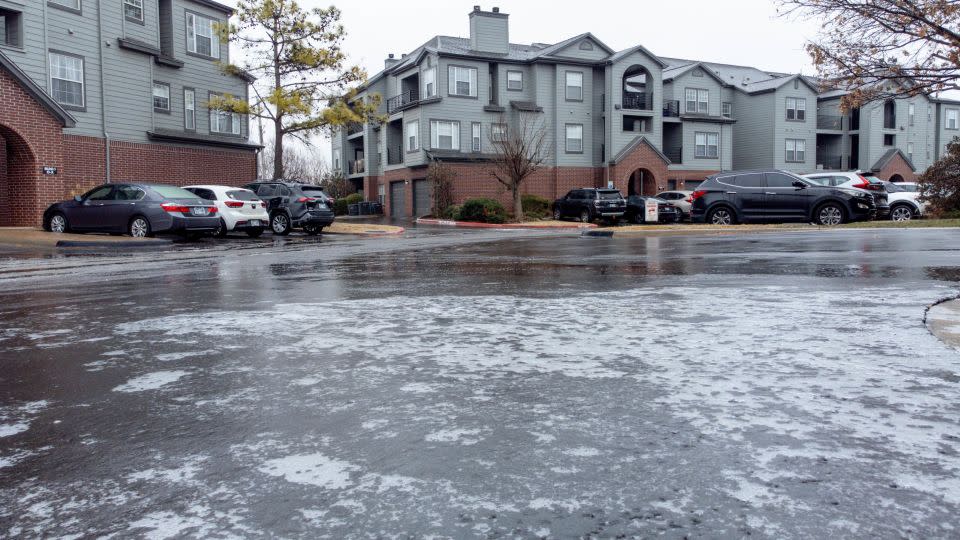 Ice is pictured on a road in Oklahoma City, Oklahoma, on Monday, Jan. 22, 2024. - Nathan J. Fish/The Oklahoman/USA Today Network