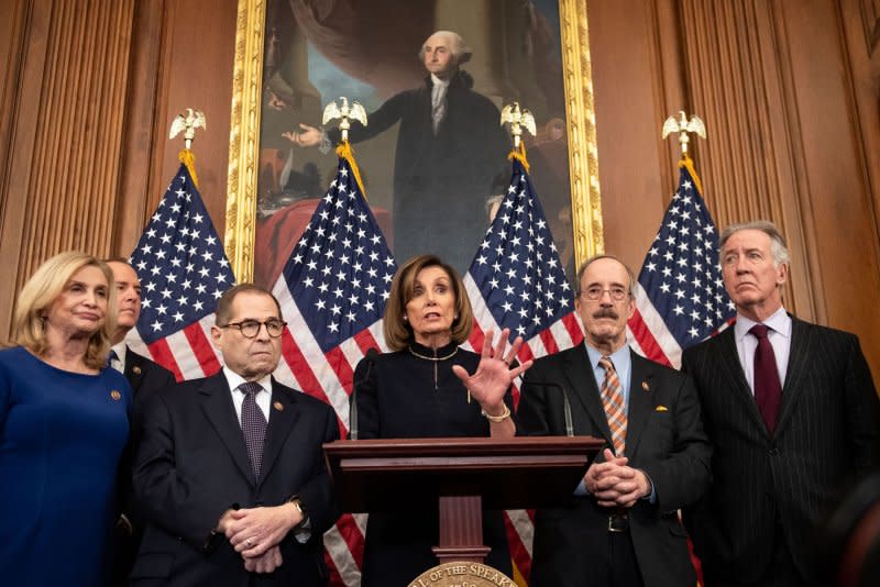 Speaker of the House Nancy Pelosi, D-Calf., speaks after the House voted to impeach President Donald Trump on December 18, 2019, on Capitol Hill in Washington, D.C. File Photo by Kevin Dietsch/UPI