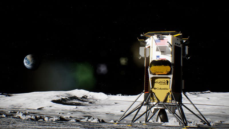 Rendering of Intuitive Machines’ Nova-C lunar lander on the surface of the moon. Columbia’s Omni-Heat Infinity technology will help protect the lander from the harsh temperatures of space