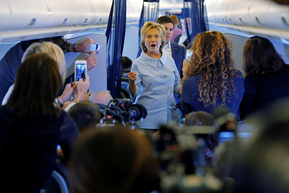 Hillary Clinton on her newly unveiled campaign plane