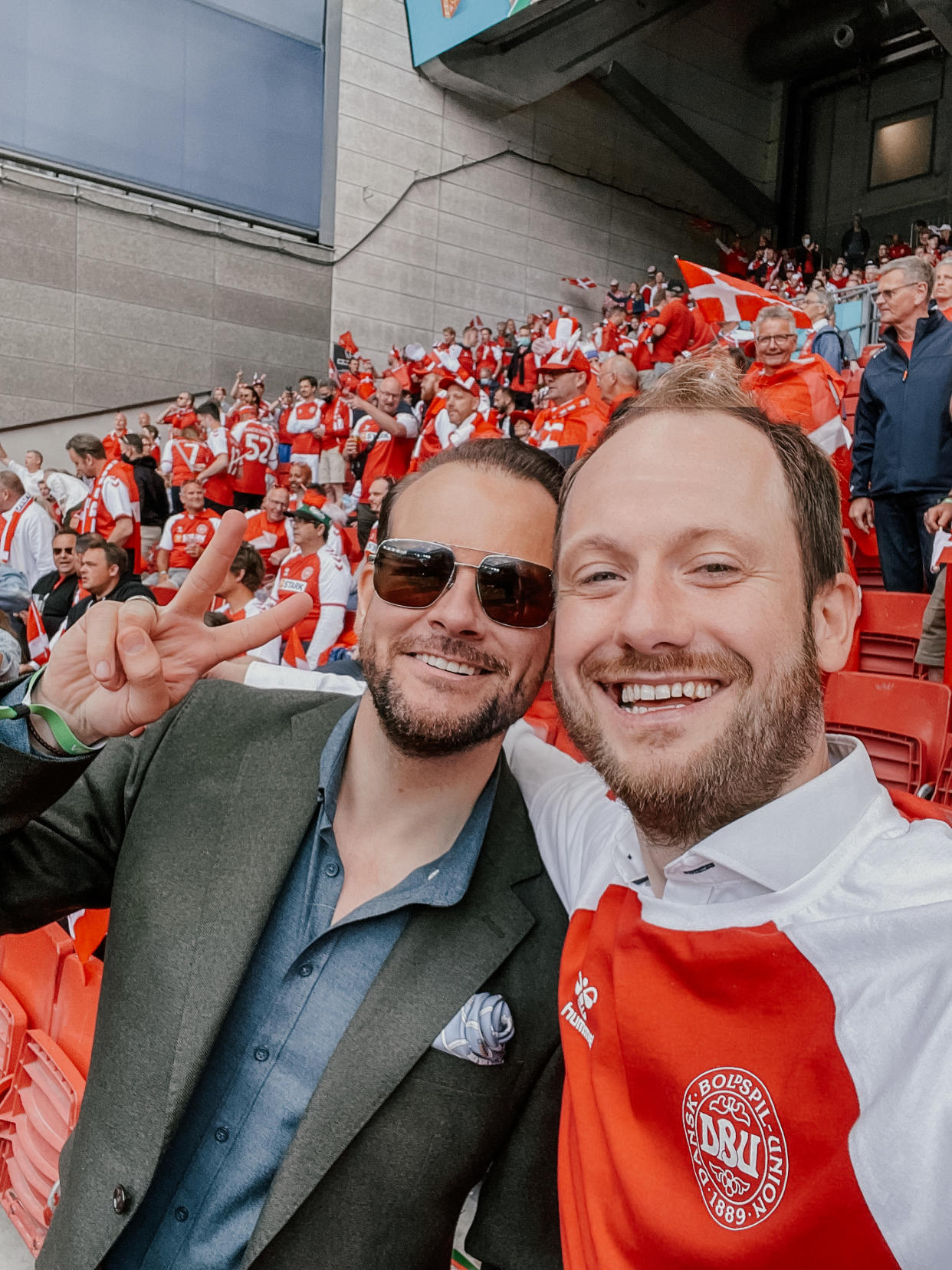Nicolas Linde (left) pictured with his friend Jonas Lysgaard-Hansen at Parken Stadium (Nicolas Linde)
