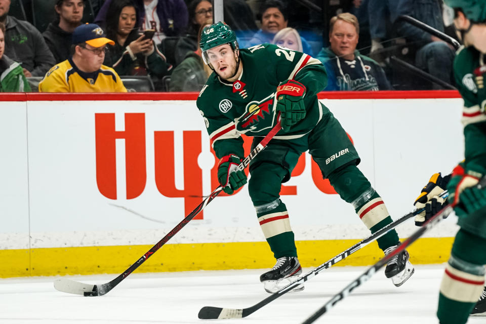 Mar 25, 2019; Saint Paul, MN, USA; Minnesota Wild forward Pontus Aberg (26) looks to pass during the second period against the Minnesota Wild at Xcel Energy Center. Mandatory Credit: Brace Hemmelgarn-USA TODAY Sports