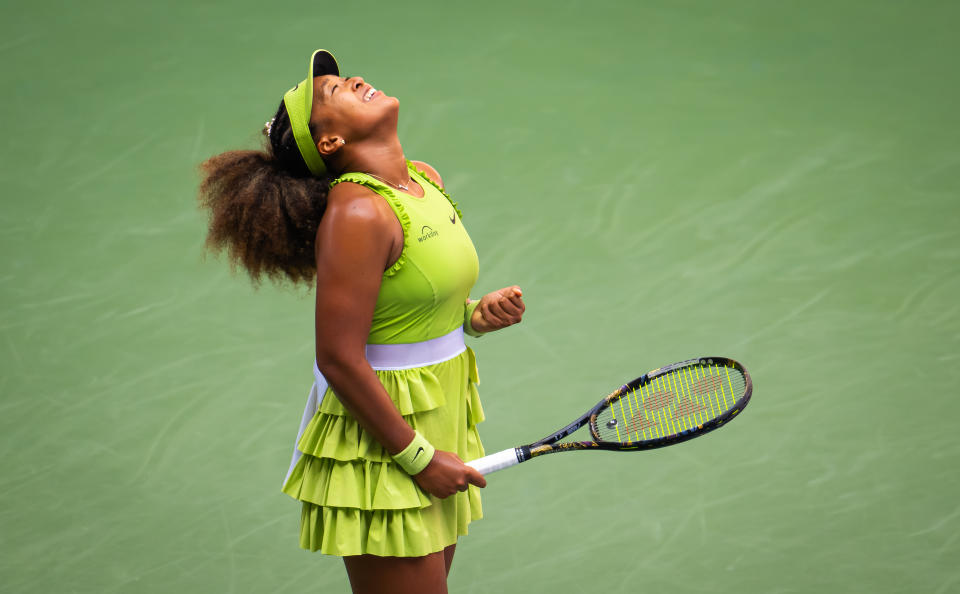 NEW YORK, NEW YORK - AUGUST 27: Naomi Osaka of Japan reacts to defeating Jelena Ostapenko of Latvia in the first round on Day 2 of the US Open at USTA Billie Jean King National Tennis Center on August 27, 2024 in New York City (Photo by Robert Prange/Getty Images)