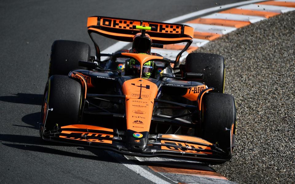 Lando Norris of Great Britain driving the (4) McLaren MCL38 Mercedes on track during the F1 Grand Prix of Netherlands at Circuit Zandvoort on August 25, 2024 in Zandvoort, Netherlands.