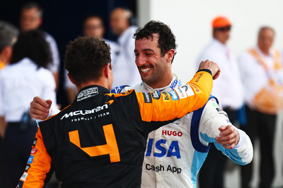 MIAMI, FLORIDA - MAY 05: Race winner Lando Norris of Great Britain and McLaren celebrates with Daniel Ricciardo of Australia and Visa Cash App RB in parc ferme after the F1 Grand Prix of Miami at Miami International Autodrome on May 05, 2024 in Miami, Florida. (Photo by Mark Thompson/Getty Images)
