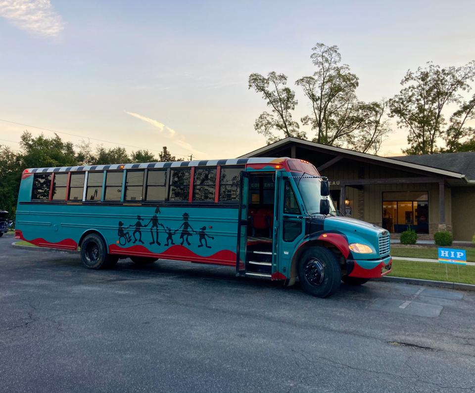 The "Cool Bus" is a converted school bus that 7th Mile Farm used to transport riders to the Sunday starting point of the Athens to Savannah Ride. 7th Mile Farm provided a tent camping option for participants.