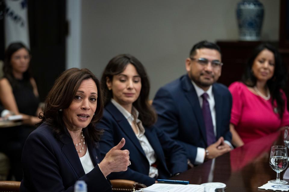 Vice President Kamala Harris meets with Democratic members of the Texas Legislature in the Roosevelt Room of the White House on June 16 in Washington. The lawmakers urged Congress to pass voting rights legislation.
