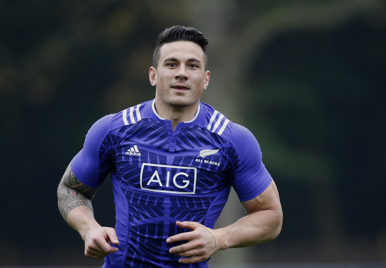 New Zealand's Sonny Bill Williams runs during a training session at Pennyhill Park, in Bagshot, England, Tuesday, Oct. 27, 2015. New Zealand's All Blacks will play Australia in the Rugby World Cup final on Saturday. (AP Photo/Christophe Ena)