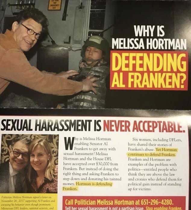 A mailer by the GOP-aligned group Minnesota Jobs Coalition went after a Minnesota lawmaker for supporting Al Franken. (Photo: HuffPost)