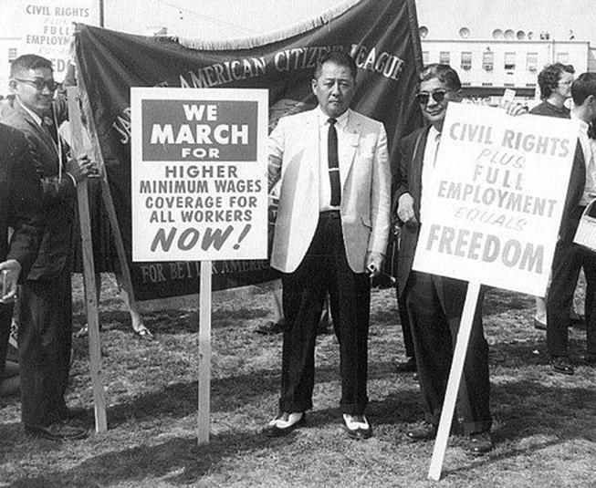 Key Kobayashi, then-JACL President Pat Okura and Mike Masaoka at the March on Washington in 1963. (Japanese American Citizens League)