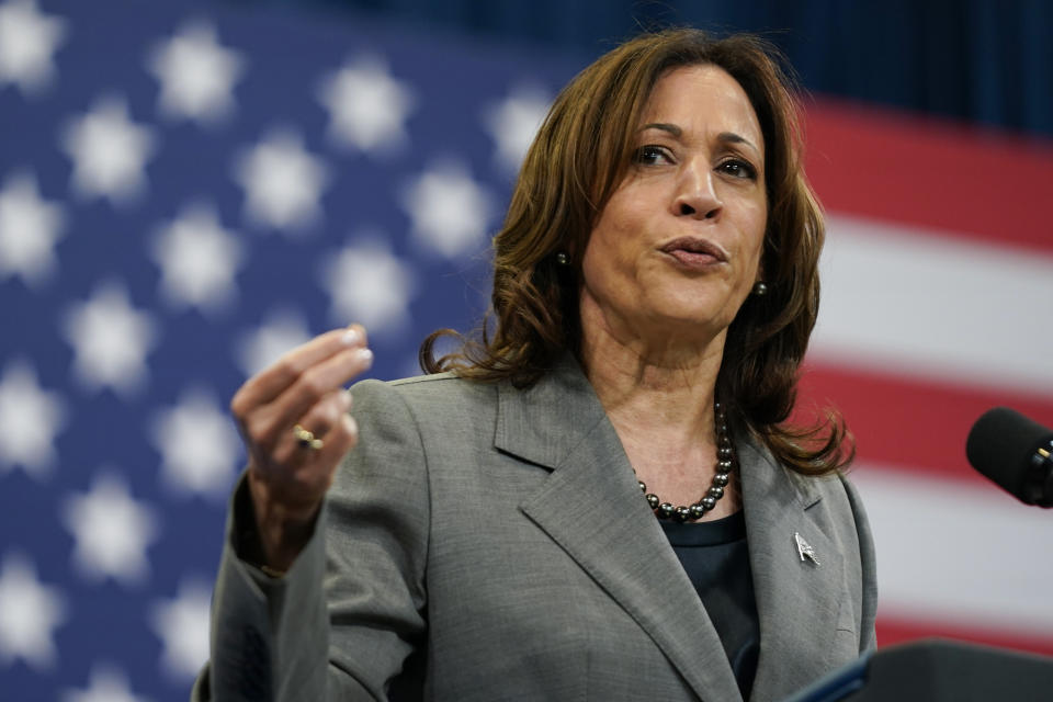 Vice President Kamala Harris delivers remarks during a campaign event with President Joe Biden in Raleigh, N.C., Tuesday, March 26, 2024. (AP Photo/Stephanie Scarbrough)