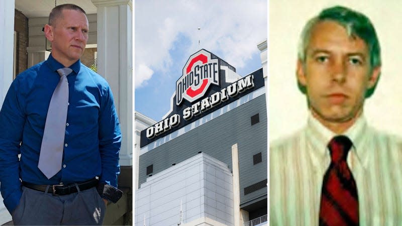 Former Ohio State University student Steve Snyder-Hill, left, discusses a complaint he submitted decades ago about the behavior of Dr. Richard Strauss, right, during an interview at home in Columbus, Ohio in 2018. 