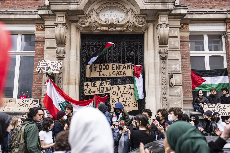 Students block the entrance of the ESJ Superior School of Journalism in Lille, northern France, May 2, 2024, during a pro-Palestinian solidarity demonstration amid Israel's war with Hamas in Gaza. / Credit: Sameer Al-Doumy/AFP via Getty Images