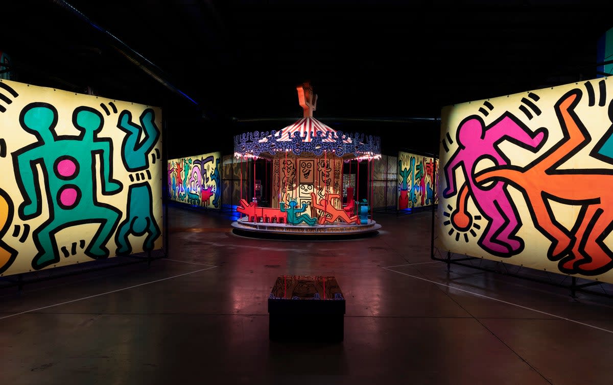 Keith Haring’s hand-painted carousel and tarps at ‘Luna Luna: Forgotten Fantasy’  (Jeff McLane)