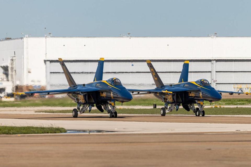 The Blue Angels land during the ‘Wings over Cowtown’ Blue Angels airshow media day at the Naval Air Station Joint Reserve Base in Fort Worth on Thursday, April 11, 2024. Chris Torres/ctorres@star-telegram.com