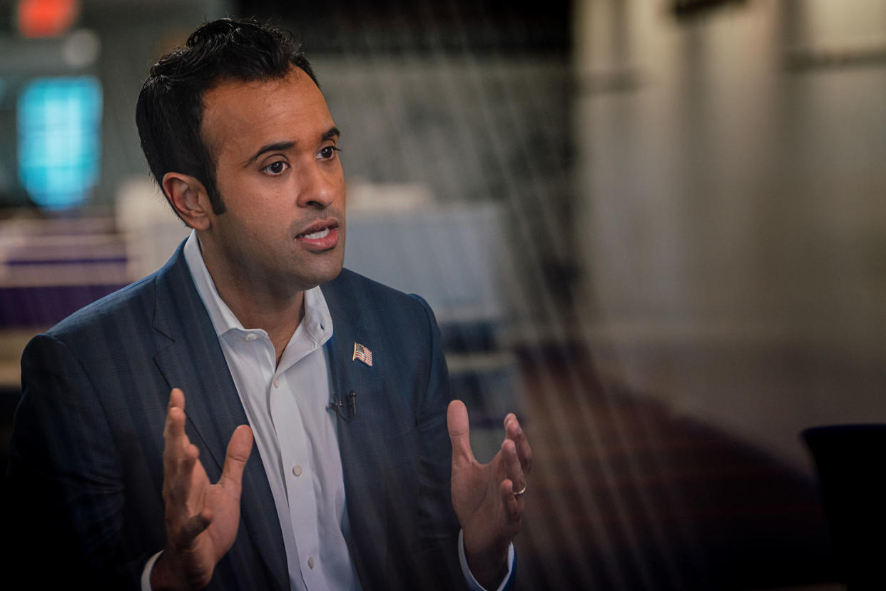 Vivek Ramaswamy speaks during an interview. (Jamie Kelter Davis for NBC News)