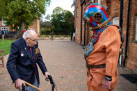 EMBARGOED TO 0001 FRIDAY SEPTEMBER 25 Captain Sir Tom Moore in Marston Moretaine, Bedford with veteran fundraiser Lloyd Scott, who will attempt to climb the Three Peaks whilst wearing a deep sea diving suit.