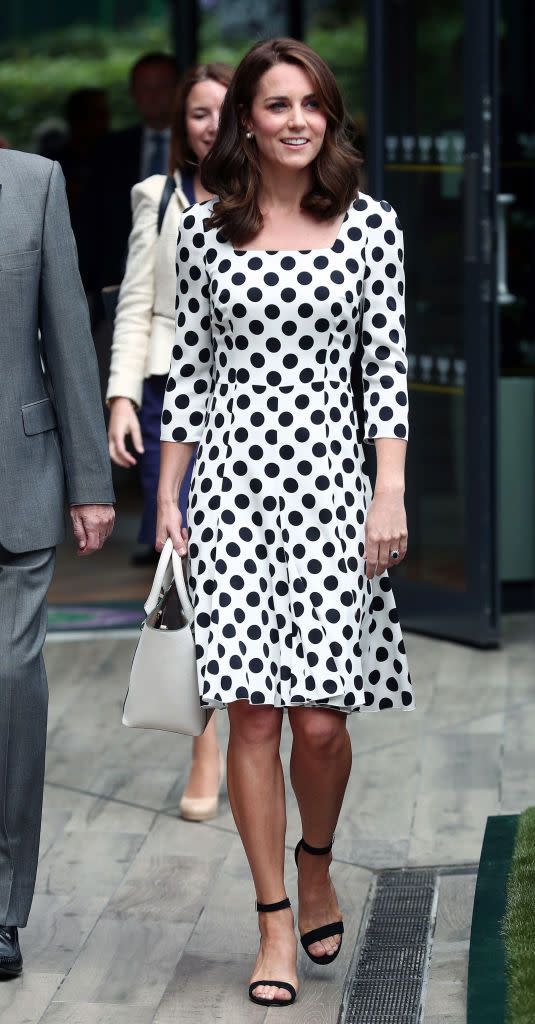 <p>The Duchess attended day one <a href="https://www.townandcountrymag.com/society/tradition/g10241217/royal-family-wimbledon/" rel="nofollow noopener" target="_blank" data-ylk="slk:of the Wimbledon Championships;elm:context_link;itc:0;sec:content-canvas" class="link ">of the Wimbledon Championships</a> wearing a polka dot <a href="https://go.redirectingat.com?id=74968X1596630&url=https%3A%2F%2Fwww.brownsfashion.com%2Fuk%2Fshopping%2Fpolka-dot-midi-dress-11861781&sref=https%3A%2F%2Fwww.townandcountrymag.com%2Fstyle%2Ffashion-trends%2Fnews%2Fg1633%2Fkate-middleton-fashion%2F" rel="nofollow noopener" target="_blank" data-ylk="slk:midi dress by Dolce & Gabbana;elm:context_link;itc:0;sec:content-canvas" class="link ">midi dress by Dolce & Gabbana</a>. She also showed off a short new hairstyle!</p>