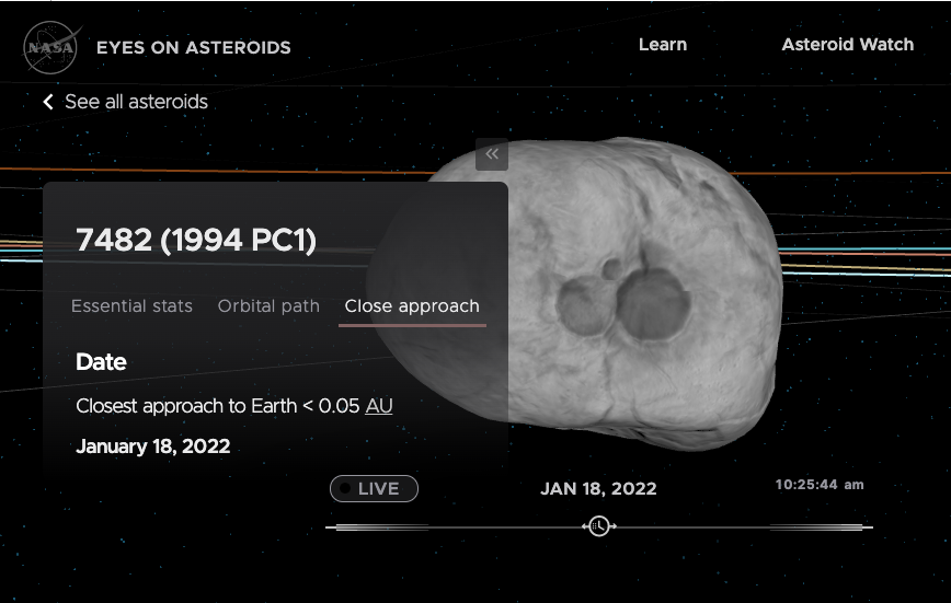 Asteroid 7482 (1994 PC1)'s closest approach to Earth will take place on January 18, 2022. / Credit: NASA Jet Propulsion Laboratory