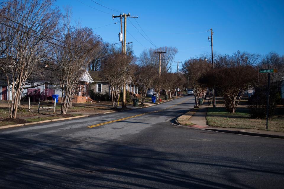 Trees line an intersection in the Green Avenue neighborhood in Greenville — an area disrupted by majority-white civic and business development changes in the city at large.