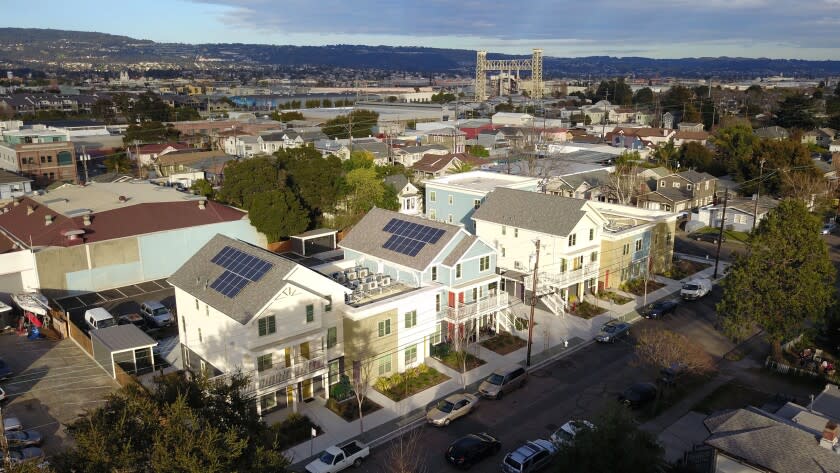 ALAMEDA CA MARCH 10, 2020 - Aerial view of the Everett Commons subsidized housing in Alameda. The project provides housing for 20 low-income families at a cost of $947,000 per apartment to build. California has the highest cost to build low-income housing in the country, a huge barrier to the state solving its housing crisis. (Josh Edelson / Los Angeles Times)