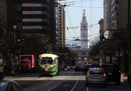 A vintage street car moves along Market Street in downtown San Francisco, California March 12, 2015. REUTERS/Robert Galbraith