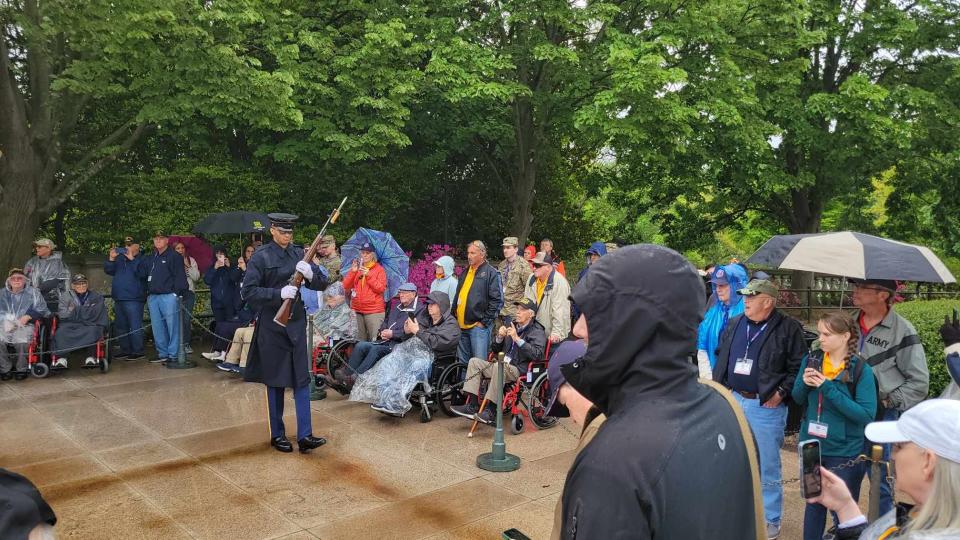 Blue Ridge Honor Flight veterans and guardians witness the Changing of the Guard at the Tomb of the Unknown Soldier on April 27.