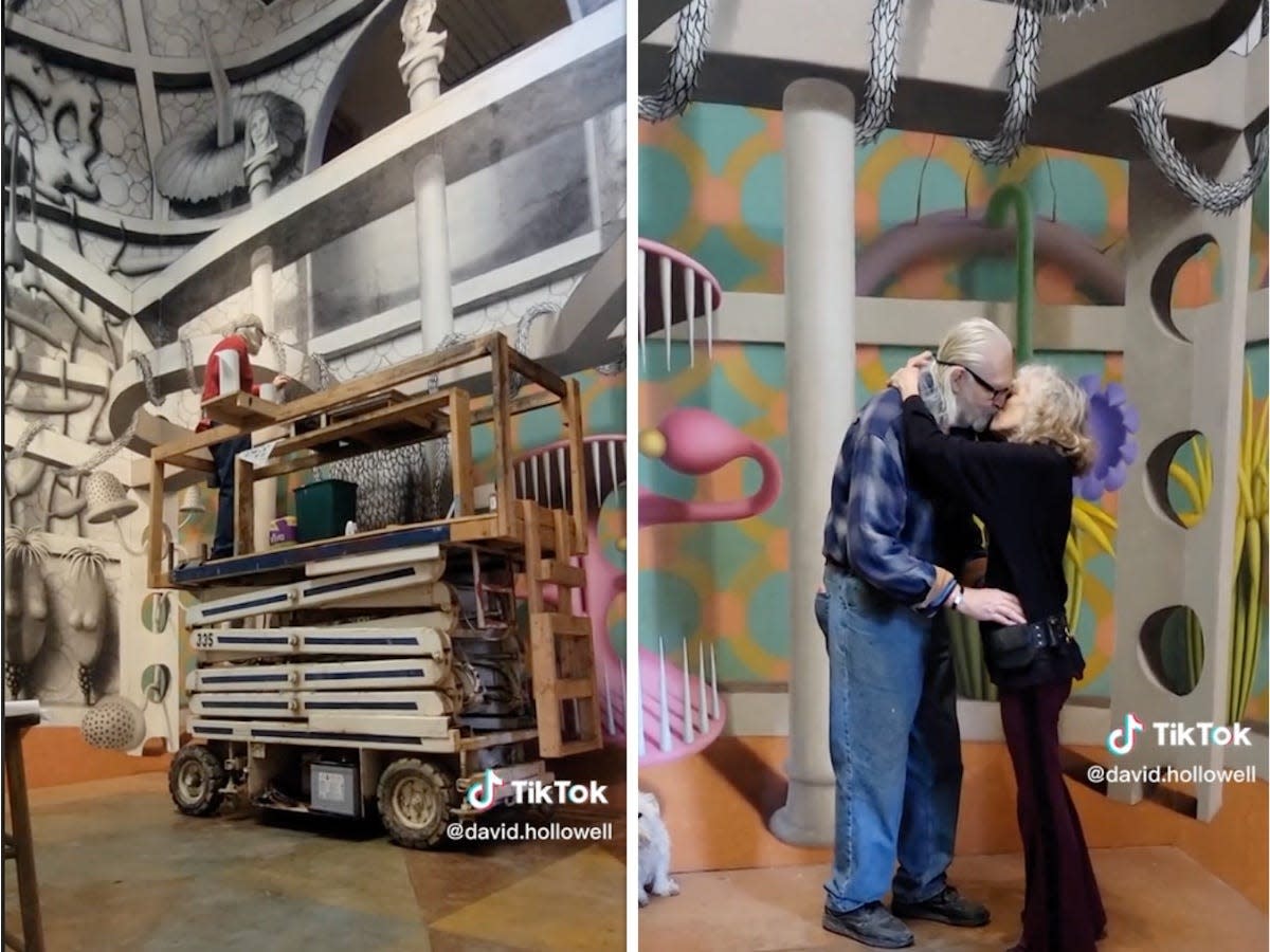 screenshots of David Hollowell's mural — on the left, David paints a black-and-white wall while on a lift. On the right, David and Terry kiss.