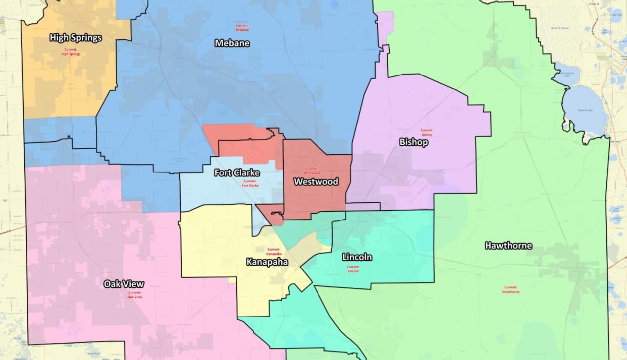 A preliminary rezoning map for middle schools was released by Alachua County Public Schools late Tuesday evening.
The black border represents the existing zone, while colors are proposed changes.