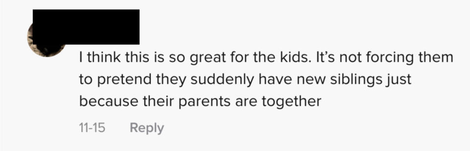 I think this is so great for the kids. It's not forcing them to pretend they suddenly have new siblings just because their parents are together