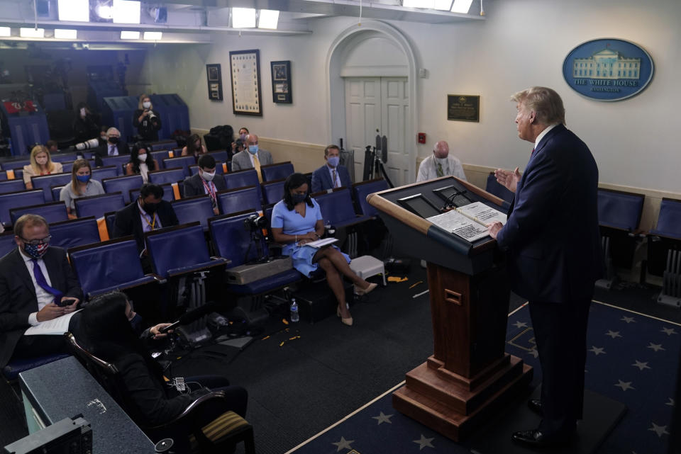 President Donald Trump speaks during a news conference at the White House, Tuesday, July 21, 2020, in Washington. (AP Photo/Evan Vucci)