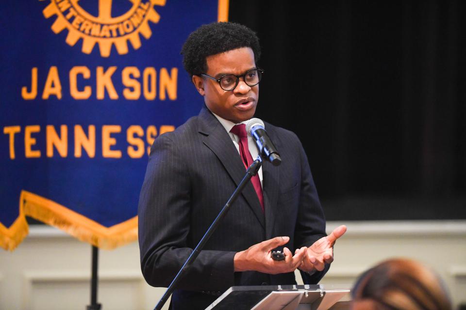 Jackson-Madison County Superintendent Dr. Marlon King speaks during a Rotary Club meeting inside United Methodist Church in Jackson, Tenn., on Wednesday, April 24, 2024.