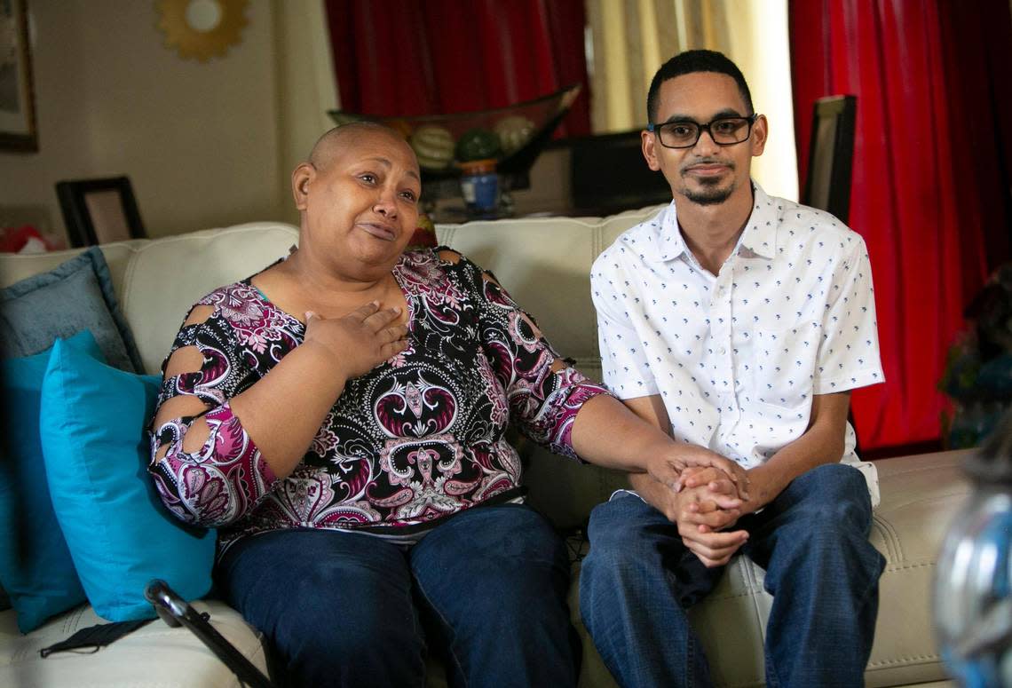 A 2021 photo of Maria Rosario and her son Andre Amador, who were Wish Book recipients. Rosario was diagnosed with breast cancer in 2015. The cancer had spread to her back and her bones. Her son, Andre, who was born with an intellectual disability, requested a wheelchair as a Wish Book gift to his mother to help ease her pain, rather than asking for anything for himself.