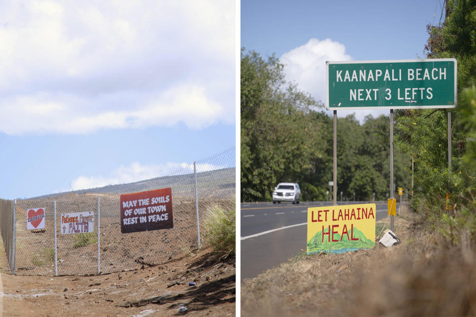 Signs around Lahaina, Hawaii, reflect the pain and hope of a populace struggling to recover. (Marie Eriel Hobro for NBC News)