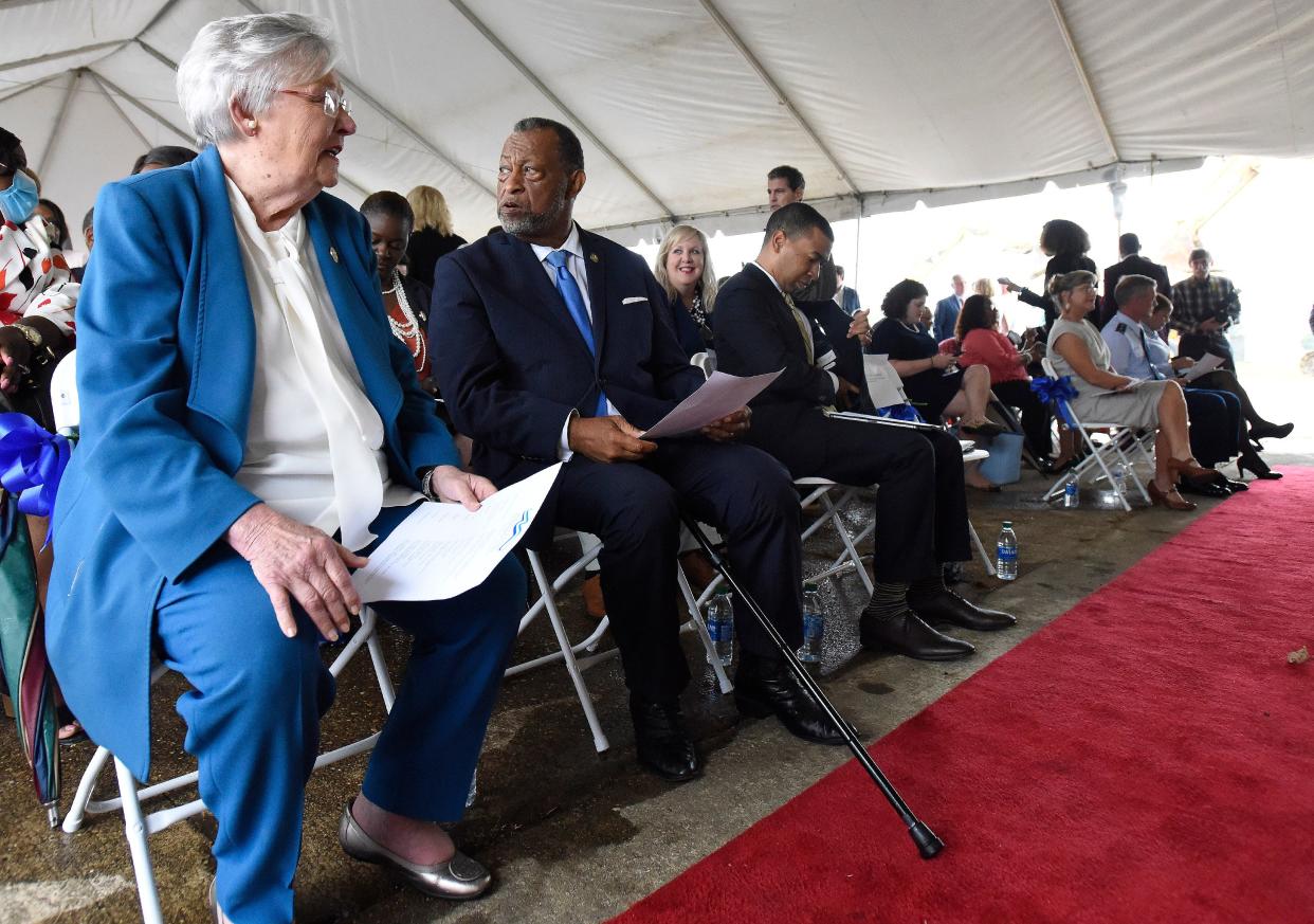 Alabama Governor Kay Ivey, left, and Montgomery County Commission Chairman Elton Dean are shown in this 2021 file photo in Montgomery. “Montgomery County Commission Chairman Elton Dean was an effective advocate for this city and a good man,” Ivey tweeted Tuesday. “His leadership defined bipartisanship, and I will certainly miss his voice for the Montgomery community. I offer my prayers and heartfelt condolences to his family.”