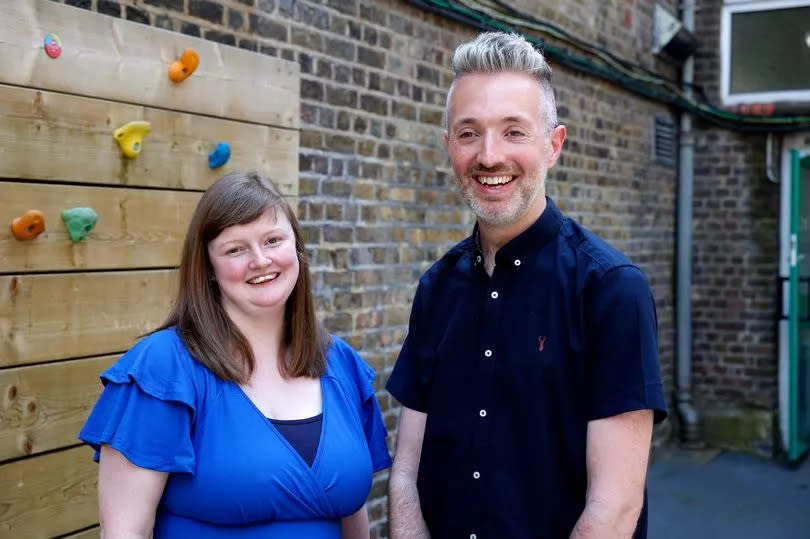 Rebecca Timms and Richard Downs poses for photos at the St Barnabas and St Philip's Church of England school in London, Britain 26 June 2024