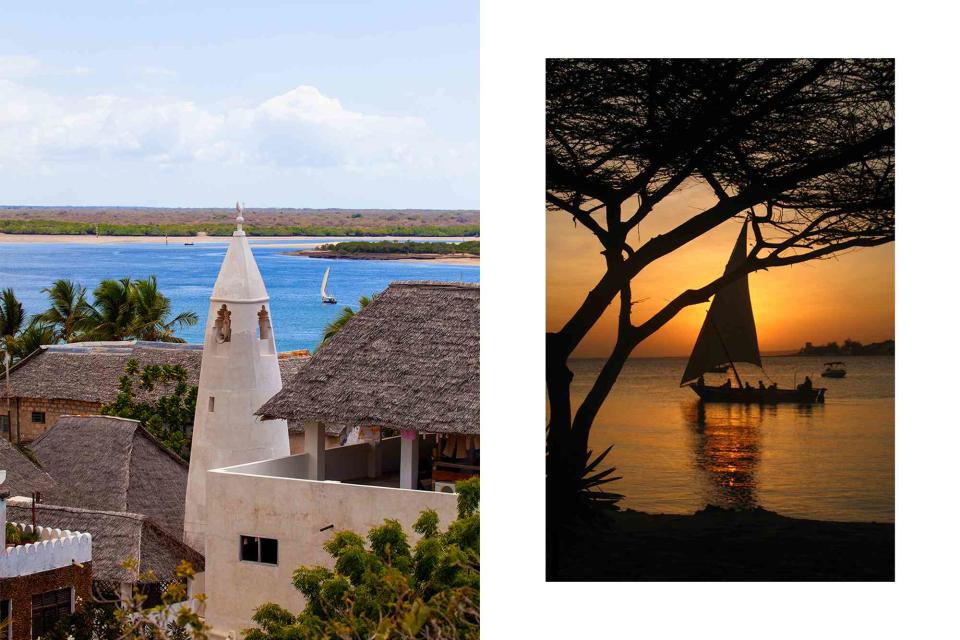 <p>From left: Eric Lafforgue/Art in All of Us/Getty Images; C1R/Shutterstock</p> From left: The minaret of the mosque in Shela village, on Lamu Island; a dhow sailing off the coast of Lamu.