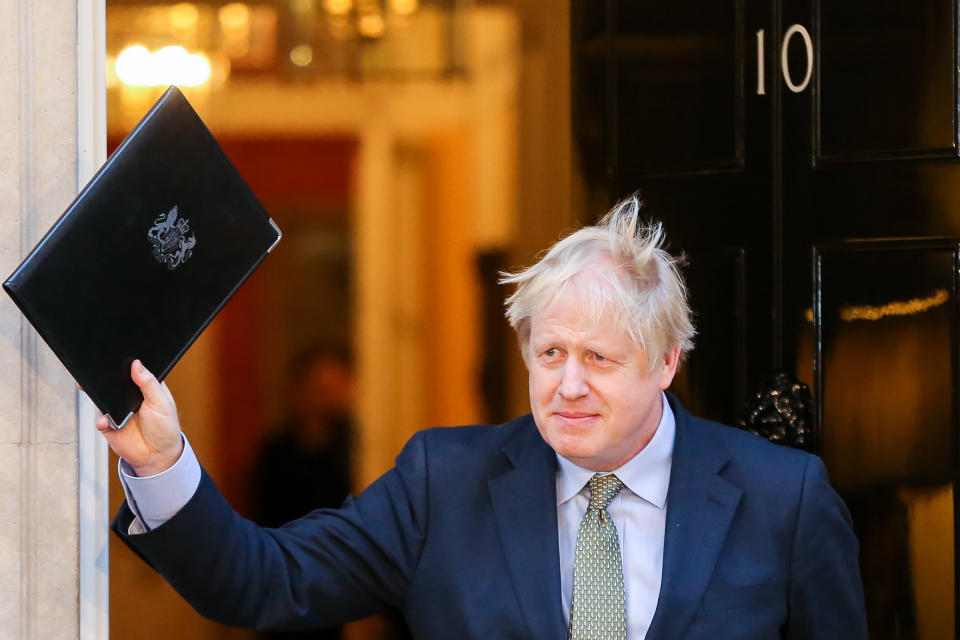 British Prime Minister Boris Johnson seen outside No 10 Downing Street, London after his gamble on early election paid off as the Conservative Party won a majority in the 2019 General Election. The Conservative Party's commanding majority will take United Kingdom out of the European Union by the end of January 2020. (Photo by Steve Taylor / SOPA Images/Sipa USA)