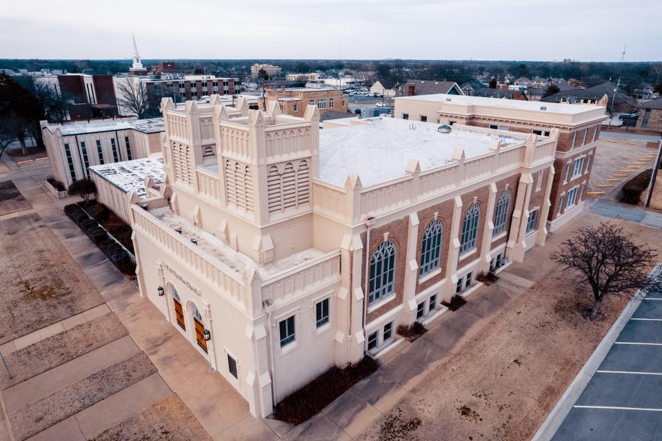 The First Christian Church property is located downtown next to the Price Tower and Community Center in Bartlesville.
