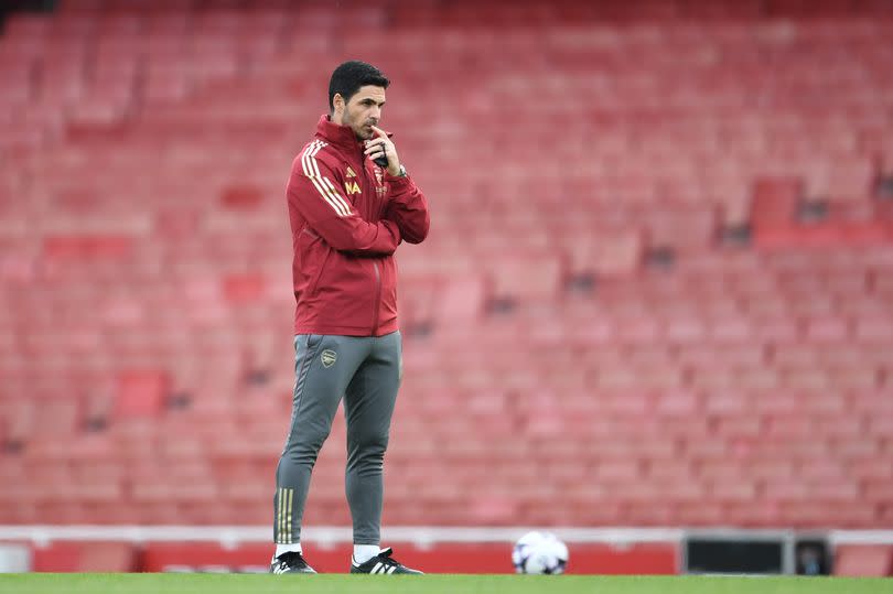 Arsenal manager Mikel Arteta during a training session at Emirates Stadium on April 13, 2024, London, England.