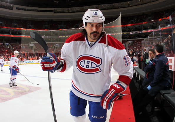 PHILADELPHIA, PA - DECEMBER 12: George Parros #15 of the Montreal Canadiens looks on during warm-ups prior to his game against the Philadelphia Flyers on December 12, 2013 at the Wells Fargo Center in Philadelphia, Pennsylvania. (Photo by Len Redkoles/NHLI via Getty Images)