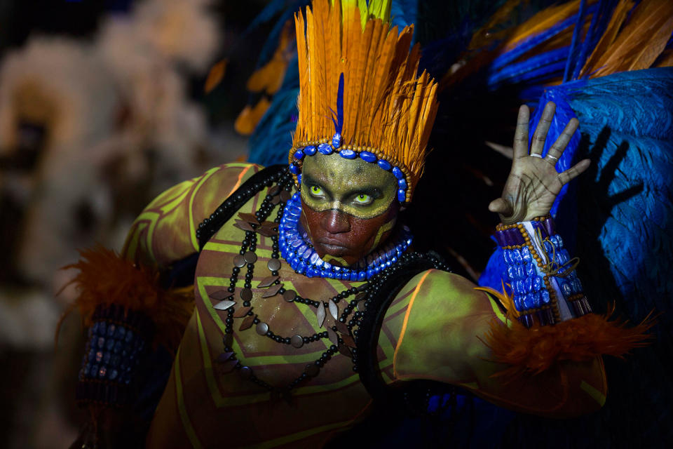 <p>A performer from the Beija-Flor samba school parades during Carnival celebrations at the Sambadrome in Rio de Janeiro, Brazil, Feb. 27, 2017. (AP Photo/Mauro Pimentel) </p>