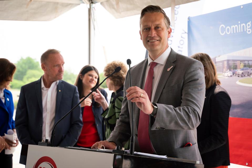 Jeffrey Smidt, senior vice president, TIC Industrial at UL Solutions, speaks during a ceremony for the company's North America Advanced Battery Laboratory at the site location in Auburn Hills on Monday, June 5, 2023. The new facility will provide testing and certification services addressing electric vehicle and industrial battery safety and performance.