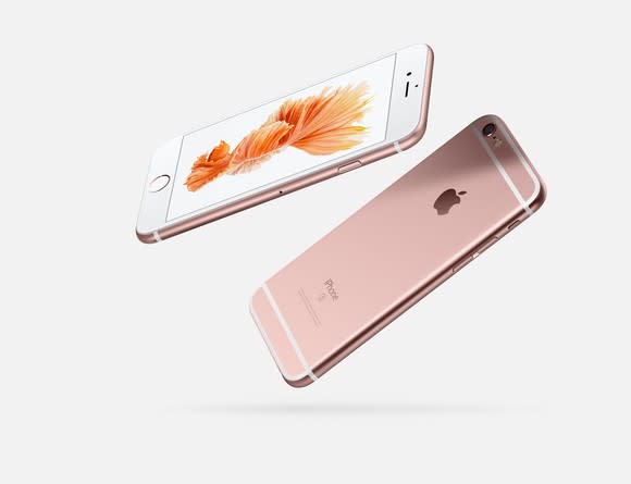 Apple's iPhone 6s (front view on the left and rear view on the right).