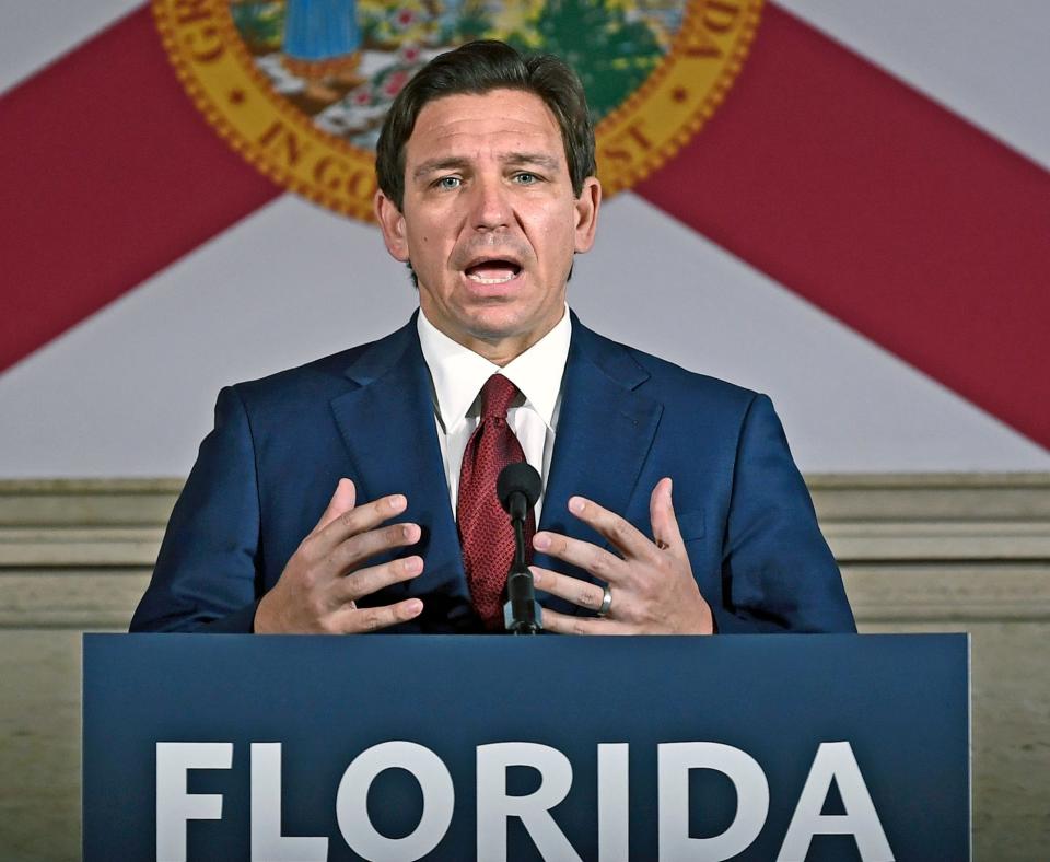 Gov. Ron DeSantis talks during his bill signing ceremony of new legislation impacting the state's colleges and universities on Monday, May 15th, 2023, held at Sarasota's New College of Florida. DeSantis rolled out his economic agenda Monday during an event in New Hampshire.