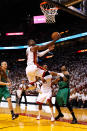 MIAMI, FL - MAY 28: Dwyane Wade #3 of the Miami Heat drives for a shot attempt in the second half against Paul Pierce #34 of the Boston Celtics in Game One of the Eastern Conference Finals in the 2012 NBA Playoffs on May 28, 2012 at American Airlines Arena in Miami, Florida. NOTE TO USER: User expressly acknowledges and agrees that, by downloading and or using this photograph, User is consenting to the terms and conditions of the Getty Images License Agreement. (Photo by Mike Ehrmann/Getty Images)